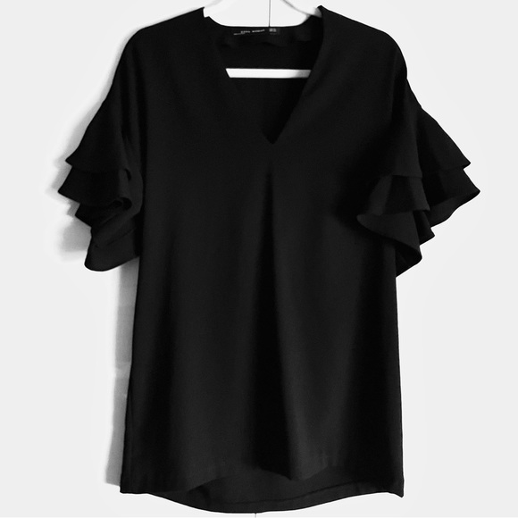 Zara V-Neck Mini Shift Dress With Double Ruffle Flounce Sleeves Size XS EUC - Picture 3 of 12